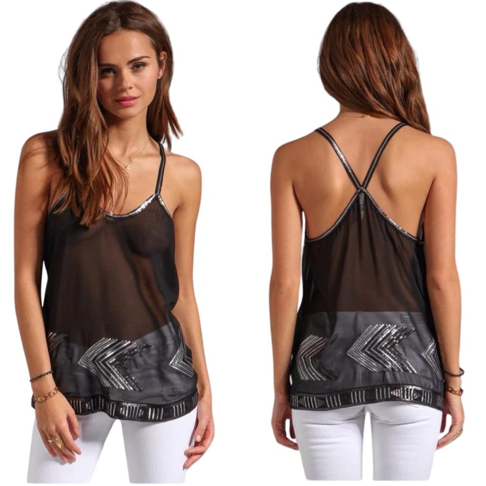 BB Dakota black sheer racerback flowy top sz L